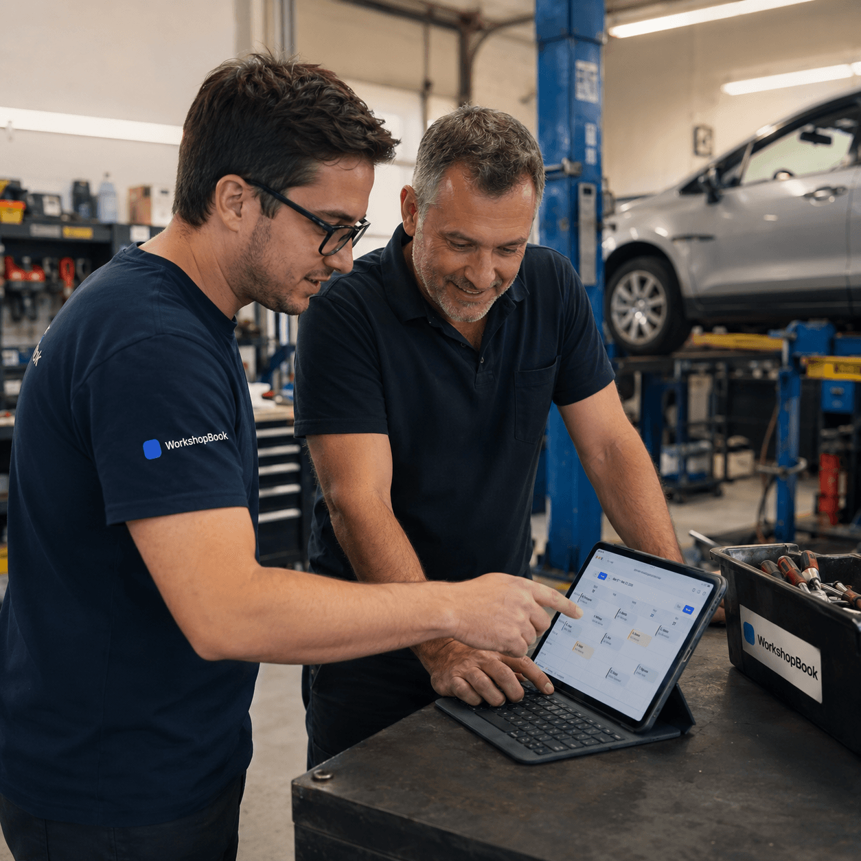 Workshop owner and staff reviewing online bookings on a tablet next to a car on the hoist
