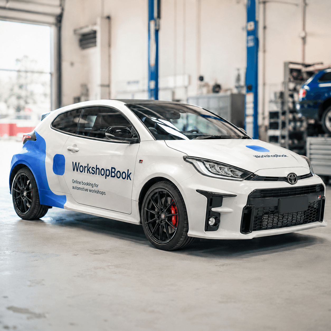 WorkshopBook-branded car with the tagline “online booking for automotive workshops”