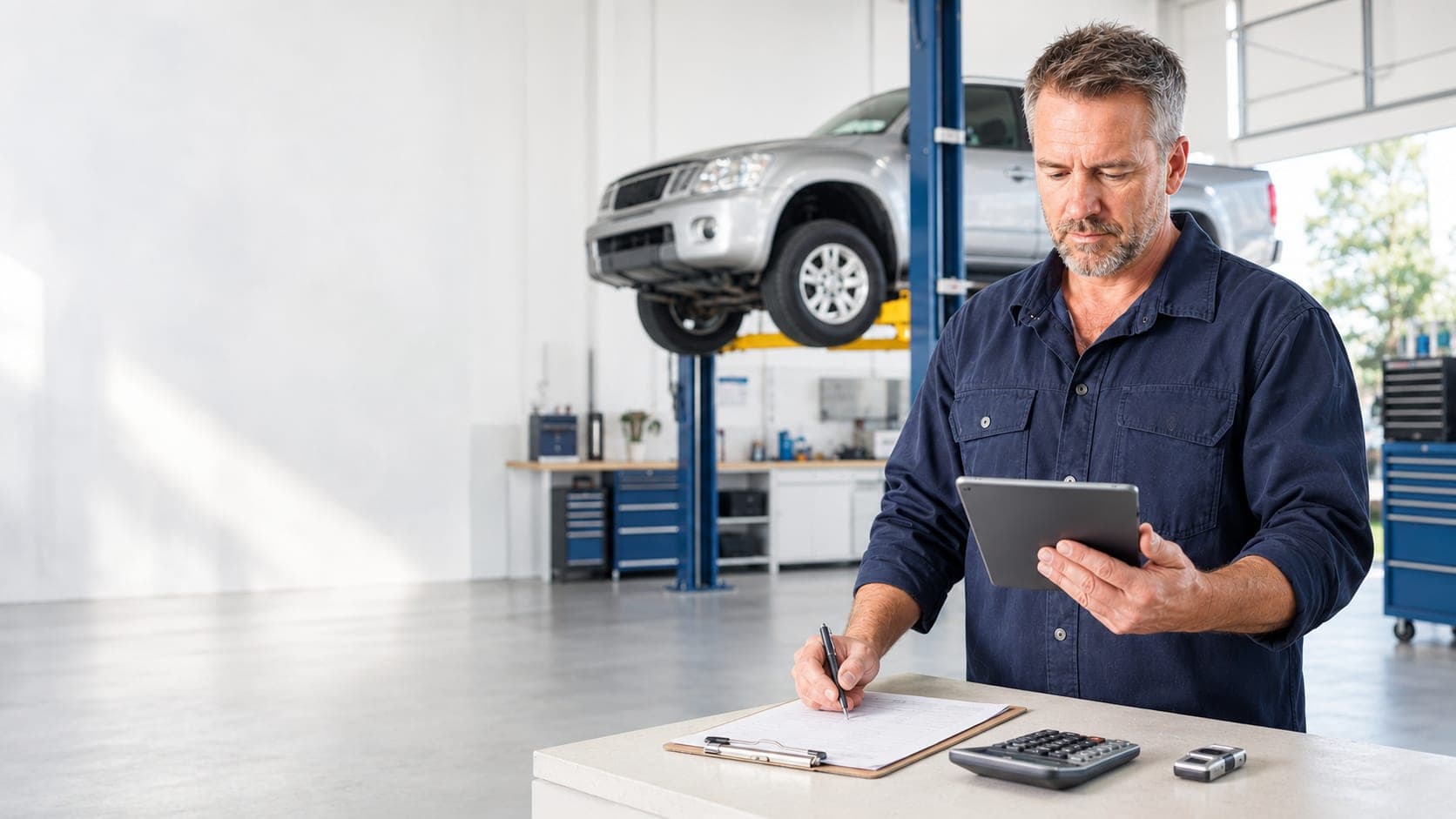 Workshop owner working out labour rates with a tablet and calculator, with a ute on a two-post hoist behind him